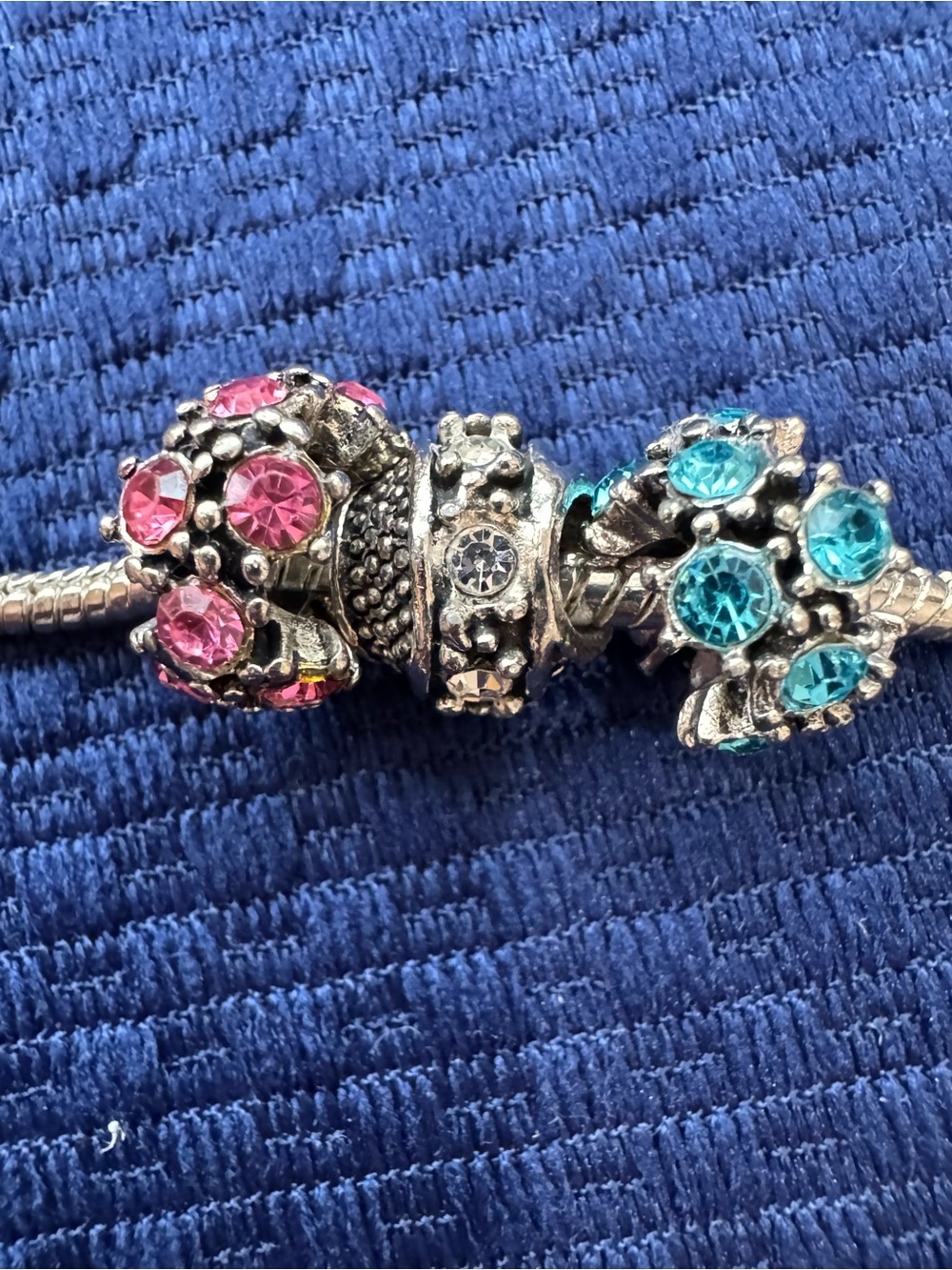 European Charm Silver Tone Snake Chain Pink/Blue Murano Glass Beads Bracelet